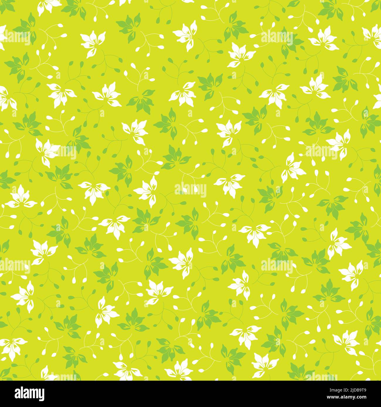 Tiny green and white hand drawn floral seamless pattern. Lime green fabric background. Vector repeat pattern for fabric allover print and textile Stock Vector