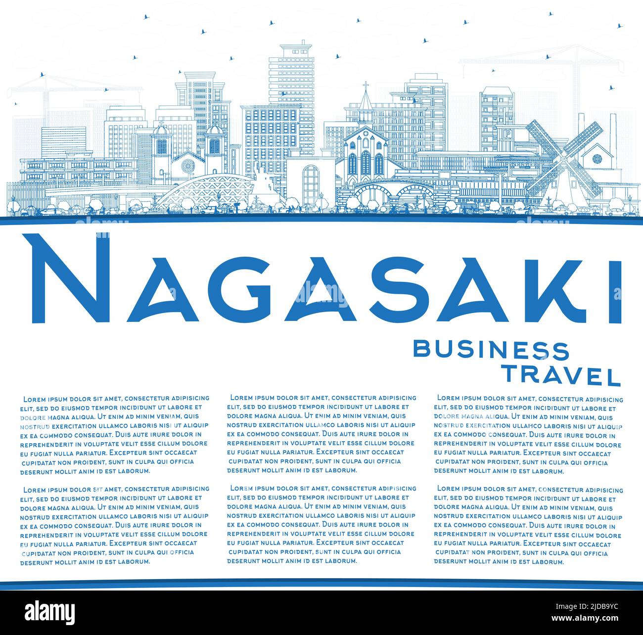 Outline Nagasaki Japan City Skyline with Blue Buildings and Copy Space. Vector Illustration. Nagasaki Cityscape with Landmarks. Stock Vector