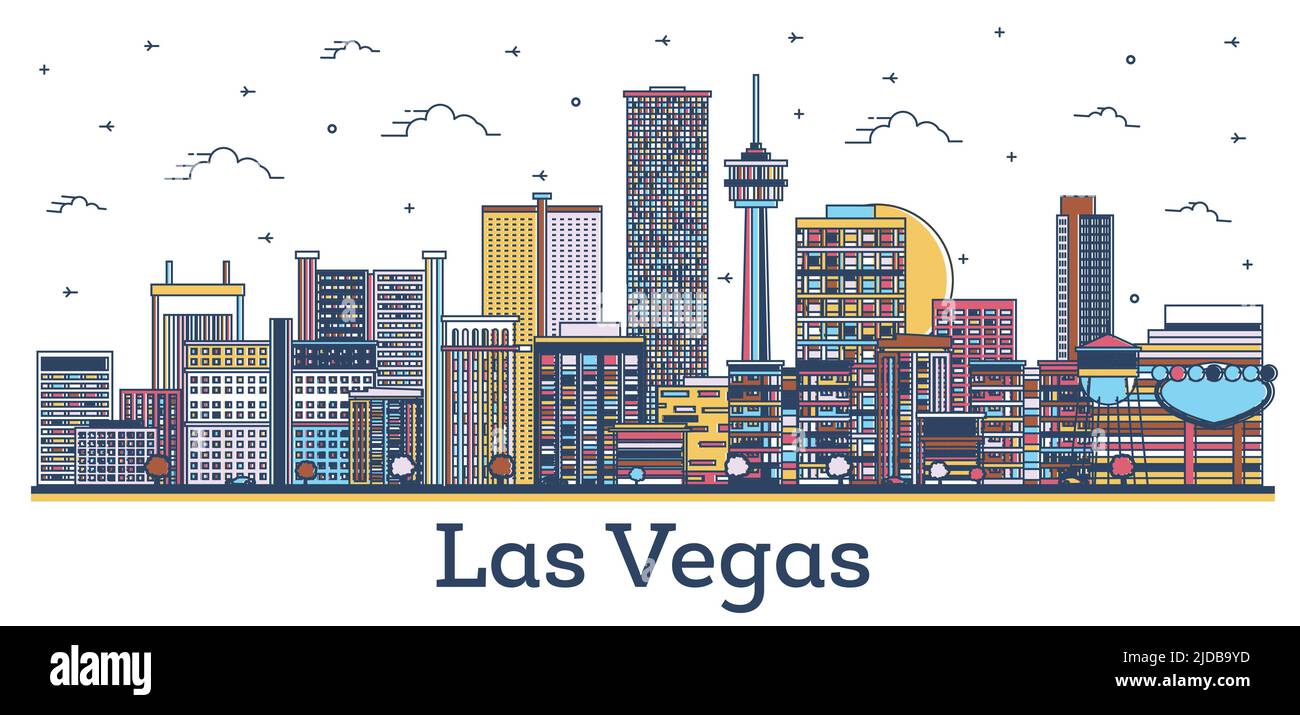 Outline Las Vegas Nevada City Skyline with Modern Colored Buildings Isolated on White. Vector Illustration. Las Vegas USA Cityscape with Landmarks. Stock Vector