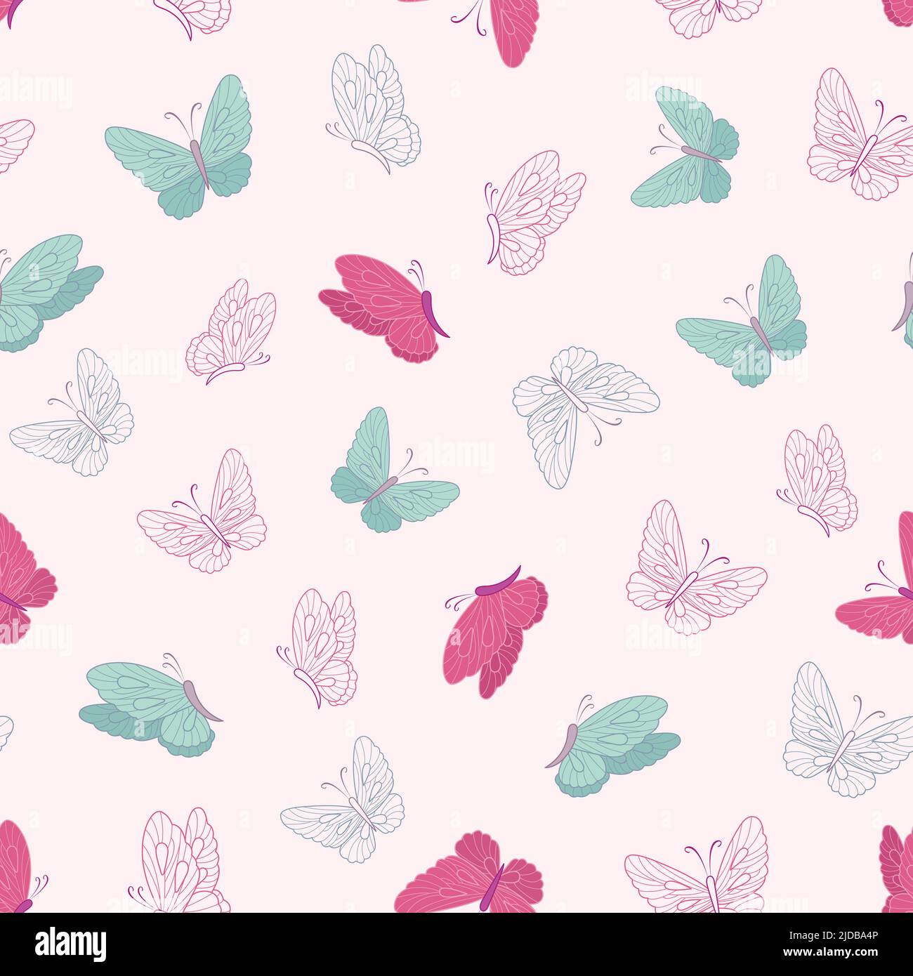 Pink and blue butterflies vector seamless repeat pattern.  Great for textile, fashion allover print, summer fabric.For scrapbooking, packaging project Stock Vector