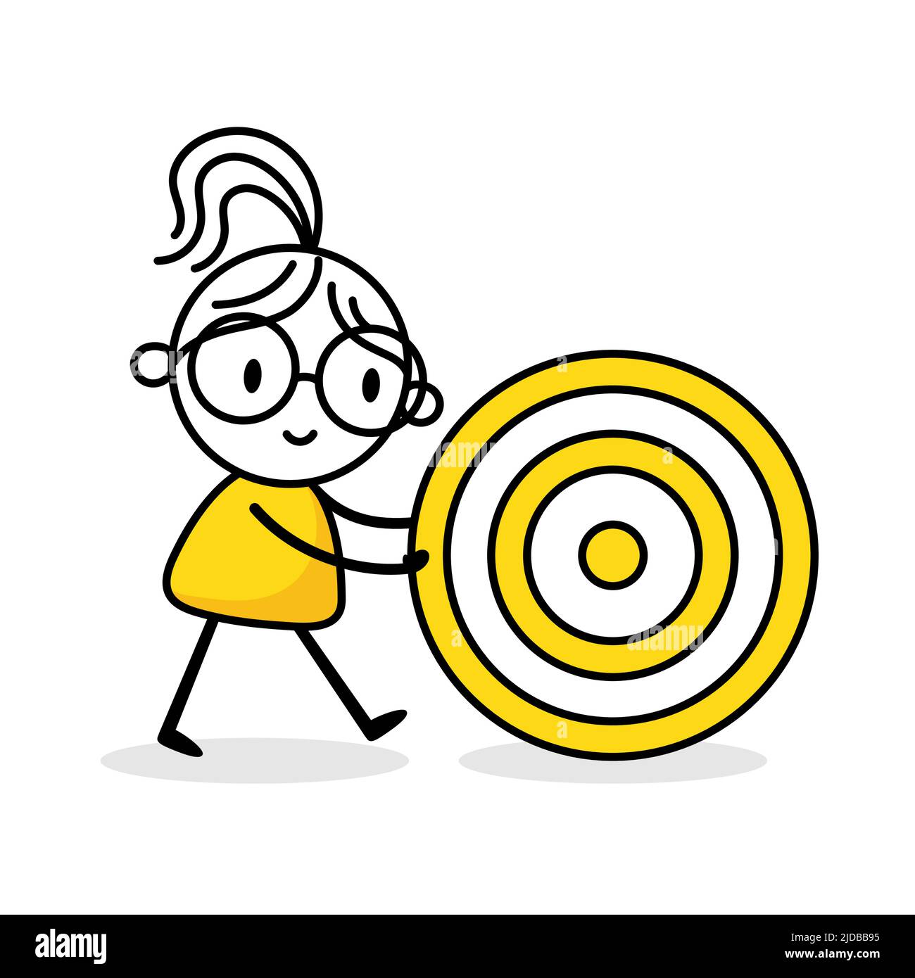 Businesswoman pushing a target on white background. Hand drawn doodle woman. Vector stock illustration. Stock Vector