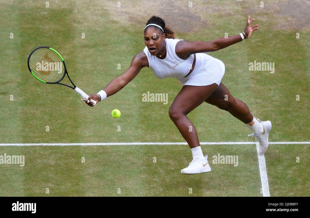 File photo dated 13-07-2019 of Serena Williams who may have headed, unannounced, into retirement having not been seen on a tennis court since suffering a thigh injury early in her first-round match at Wimbledon 12 months ago and withdrawing in tears. Issue date: Monday June 20, 2022. Stock Photo