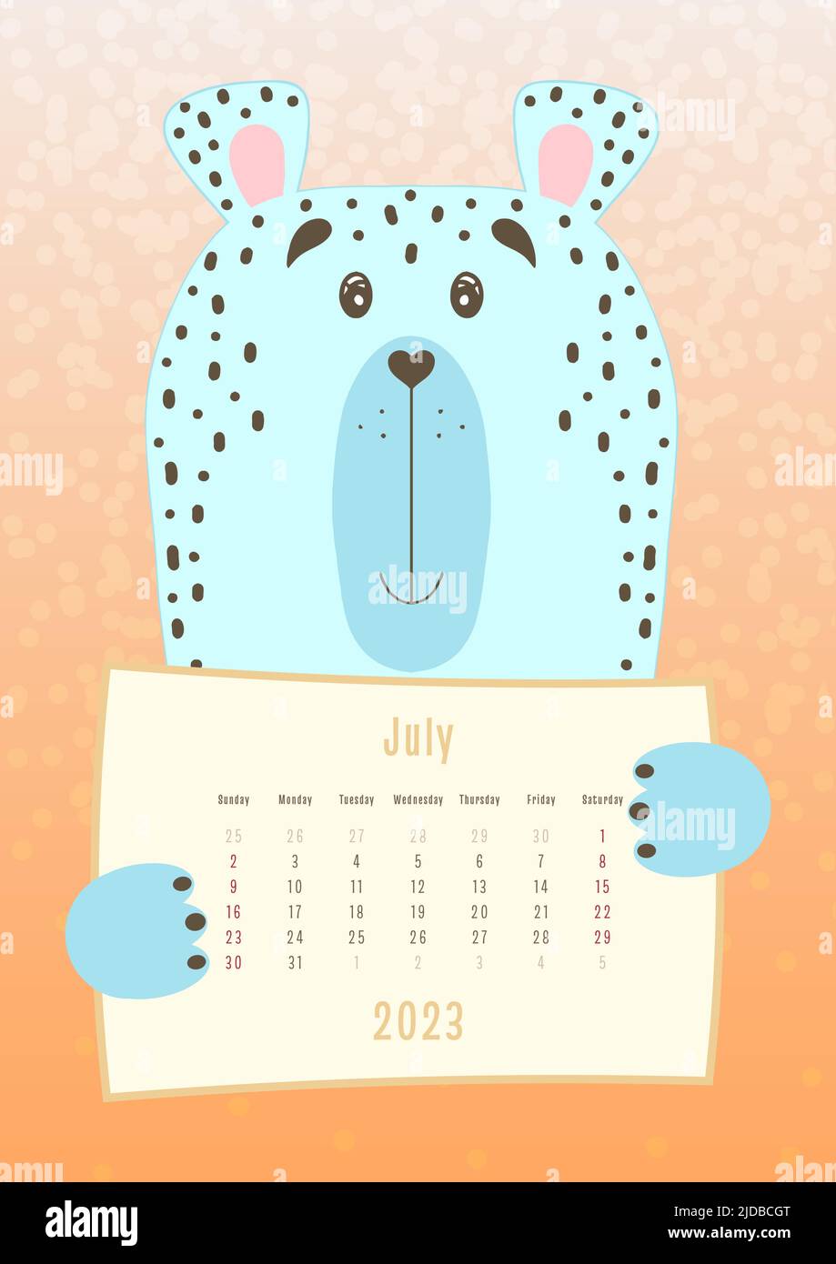 2023 july calendar, cute polar snow leopard animal holding a monthly calendar sheet, hand drawn childish style. Stock Vector