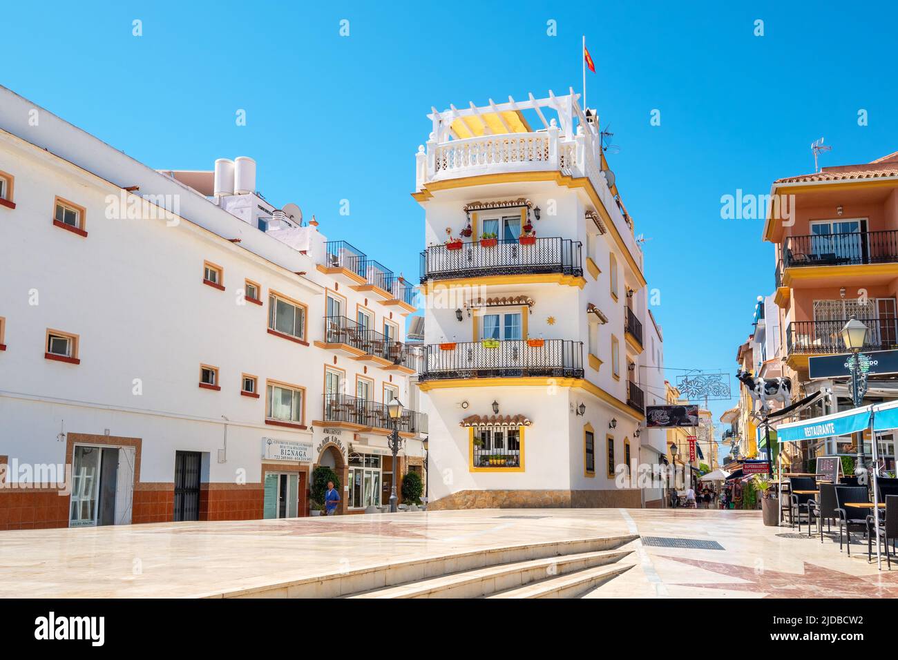 Town square and shopping street in la Carihuela district. Torremolinos, Spain Stock Photo