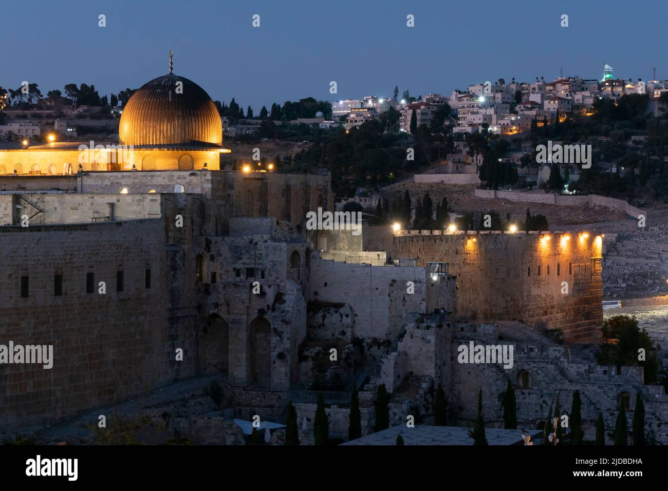 View at twilight of Al-Aksa Mosque along the southern wall of the ...