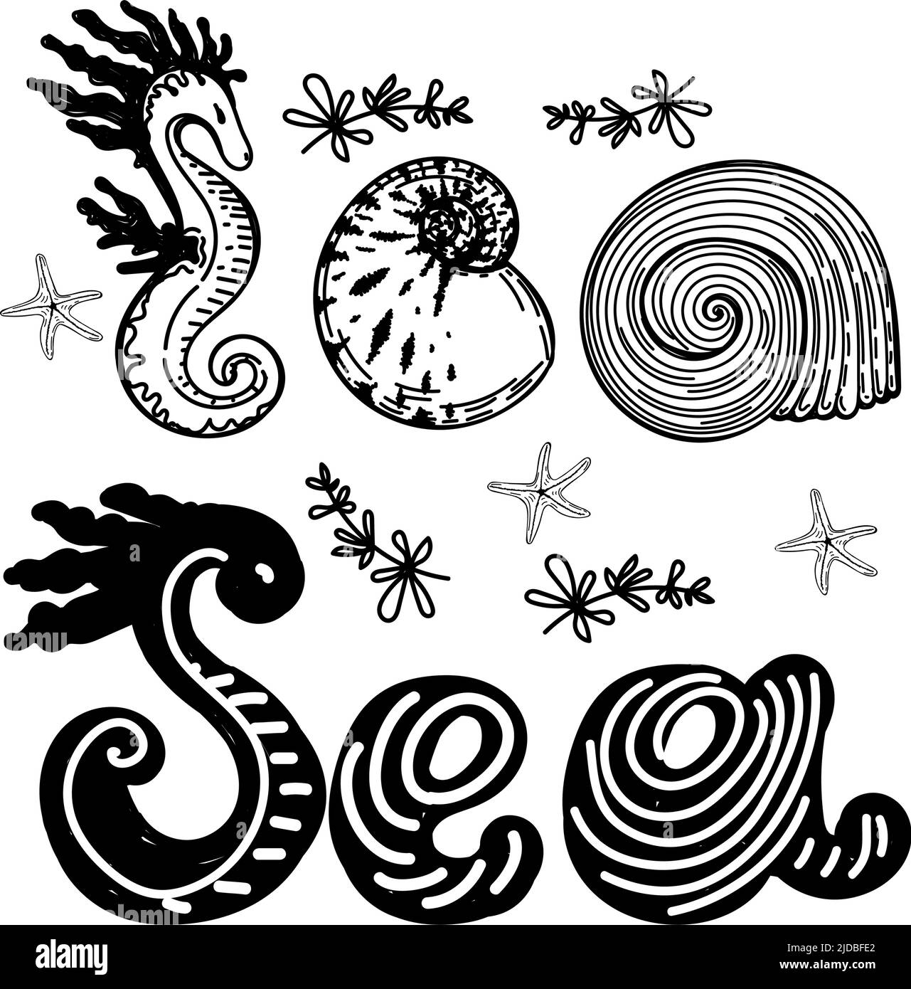 https://c8.alamy.com/comp/2JDBFE2/stylized-hand-drawn-inscription-of-the-sea-a-pictograph-of-sea-creatures-hand-drawn-in-sketch-style-a-rebus-a-riddle-seahorse-seashells-seaweed-2JDBFE2.jpg