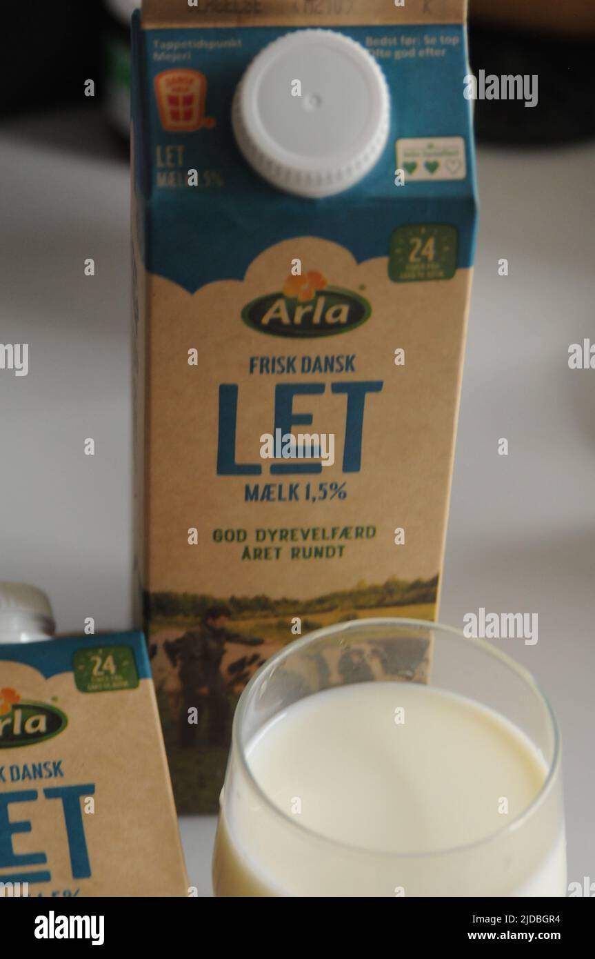 Copenhagen /Denmark/20 June 2022/ Danish light milk 1,5% fat arla milk container from Arla dairy in Copenhagen Denmark.   (Photo..Francis Joseph Dean/Dean Pictures. Stock Photo