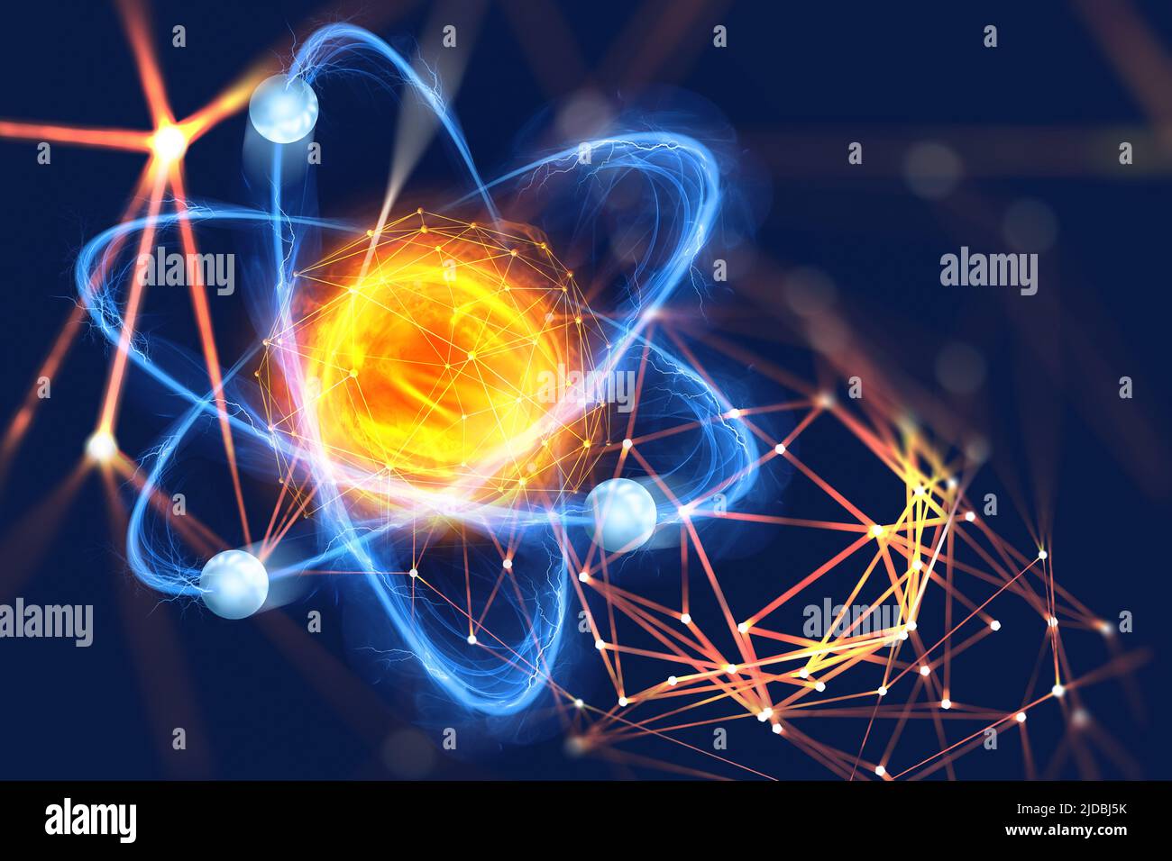 Atomic structure. Futuristic concept on the topic of nanotechnology in science. The nucleus of an atom surrounded by electrons technology Stock Photo