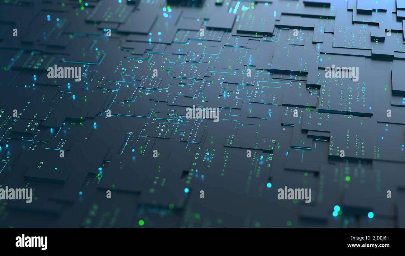 Blockchain technology, futuristic microcircuit. Motherboard, neural network and cyber technology. Binary code in cyberspace. Analysis and processing Stock Photo