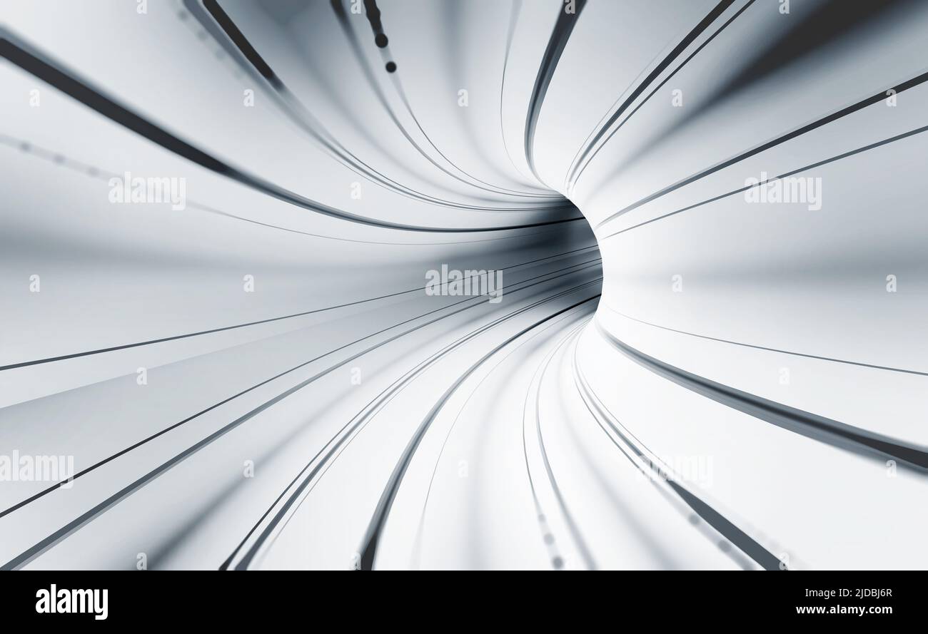 Abstract energy tunnel in hyperspace. Wormholes travel through time. Deformation of space and time, science fiction. Black hole, vortex data flow Stock Photo