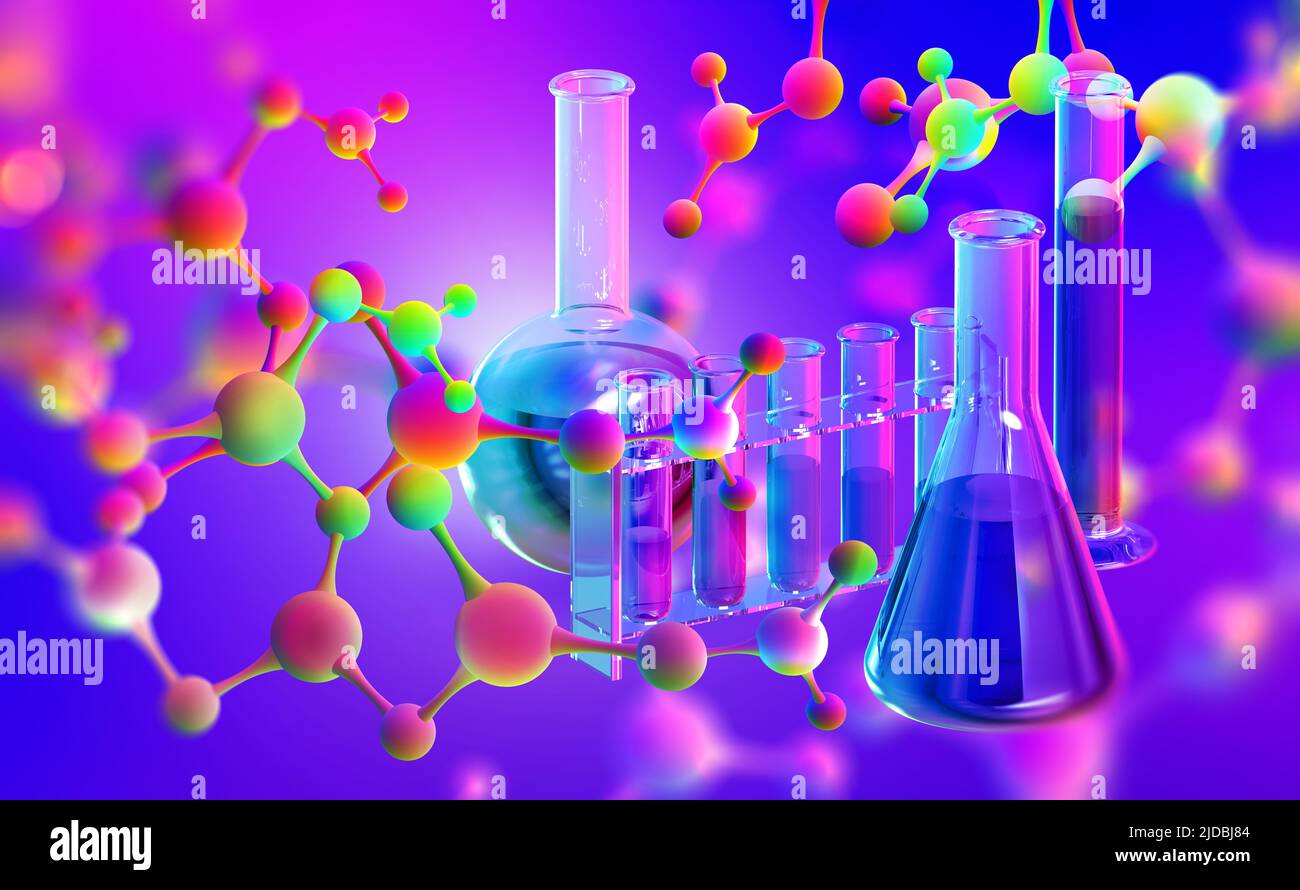 Molecular structure. 3D illustration of flasks and test tubes. Chemical laboratory and innovations in medicine Stock Photo