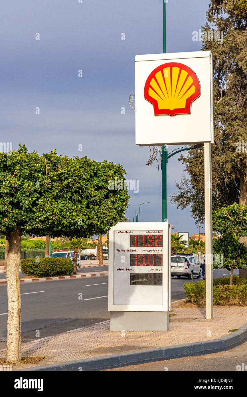 Shell gas petrol station, gas price table and logo, Marrakech, Morocco Stock Photo
