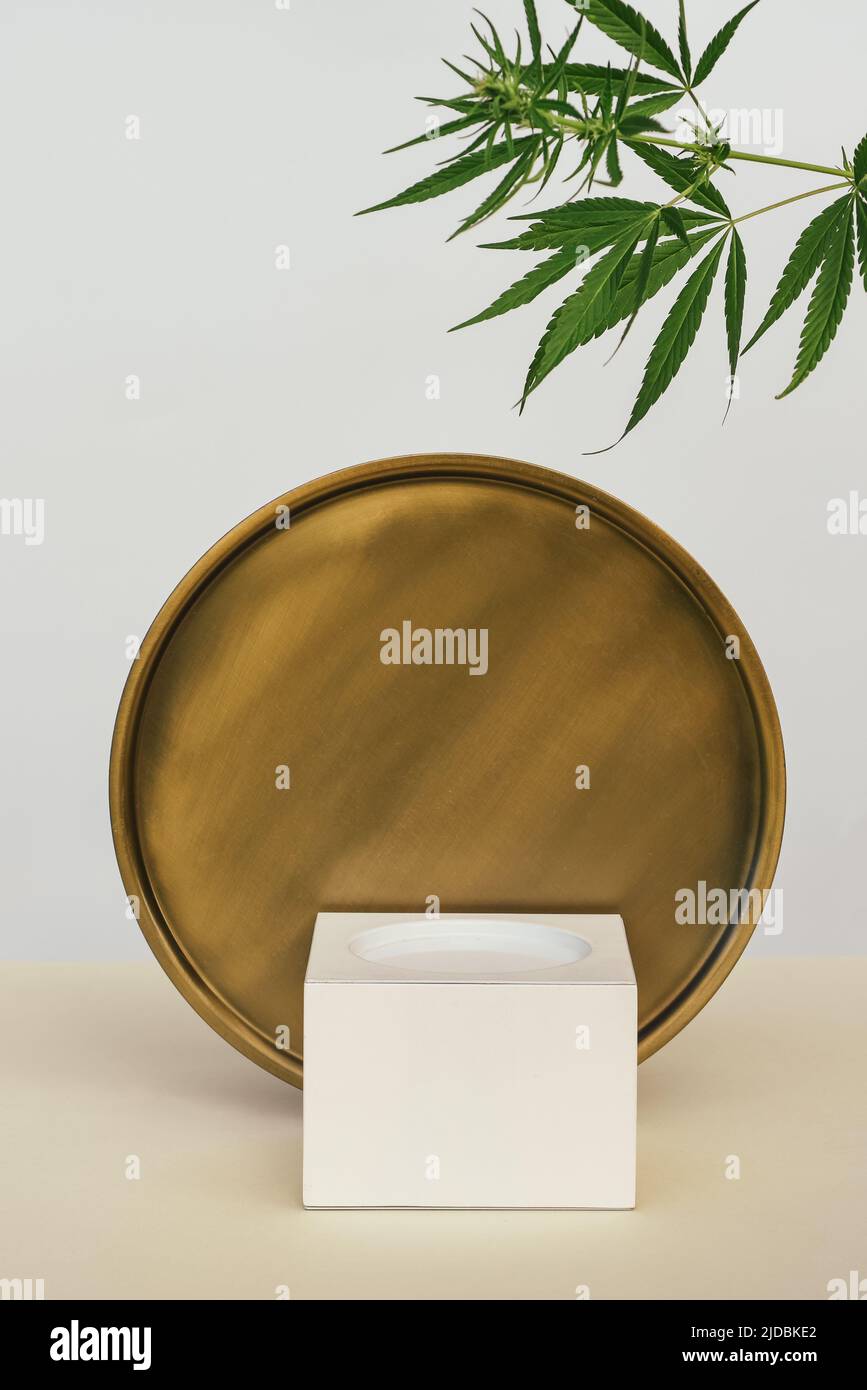 Podium scene for CBD oil product with geometric platform and circle with marijuana leaves. Background with podium with cannabis. Cosmetic product disp Stock Photo