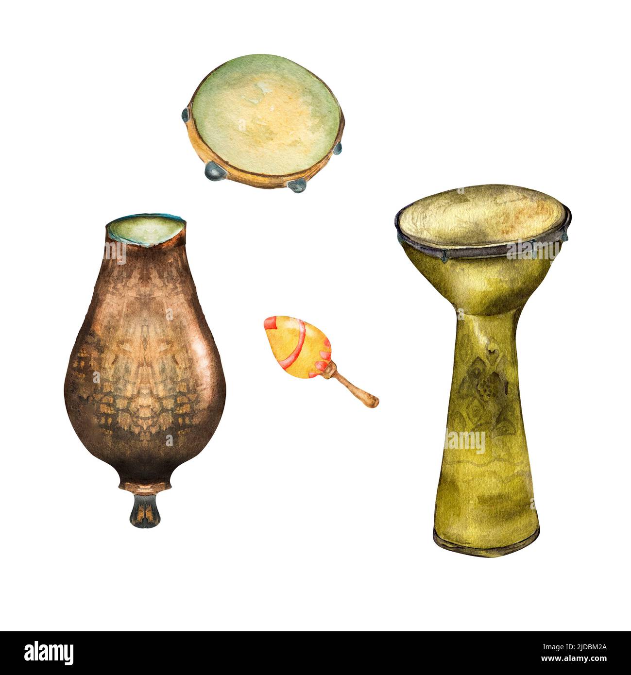 Set of percussion musical instruments watercolor illustration isolated