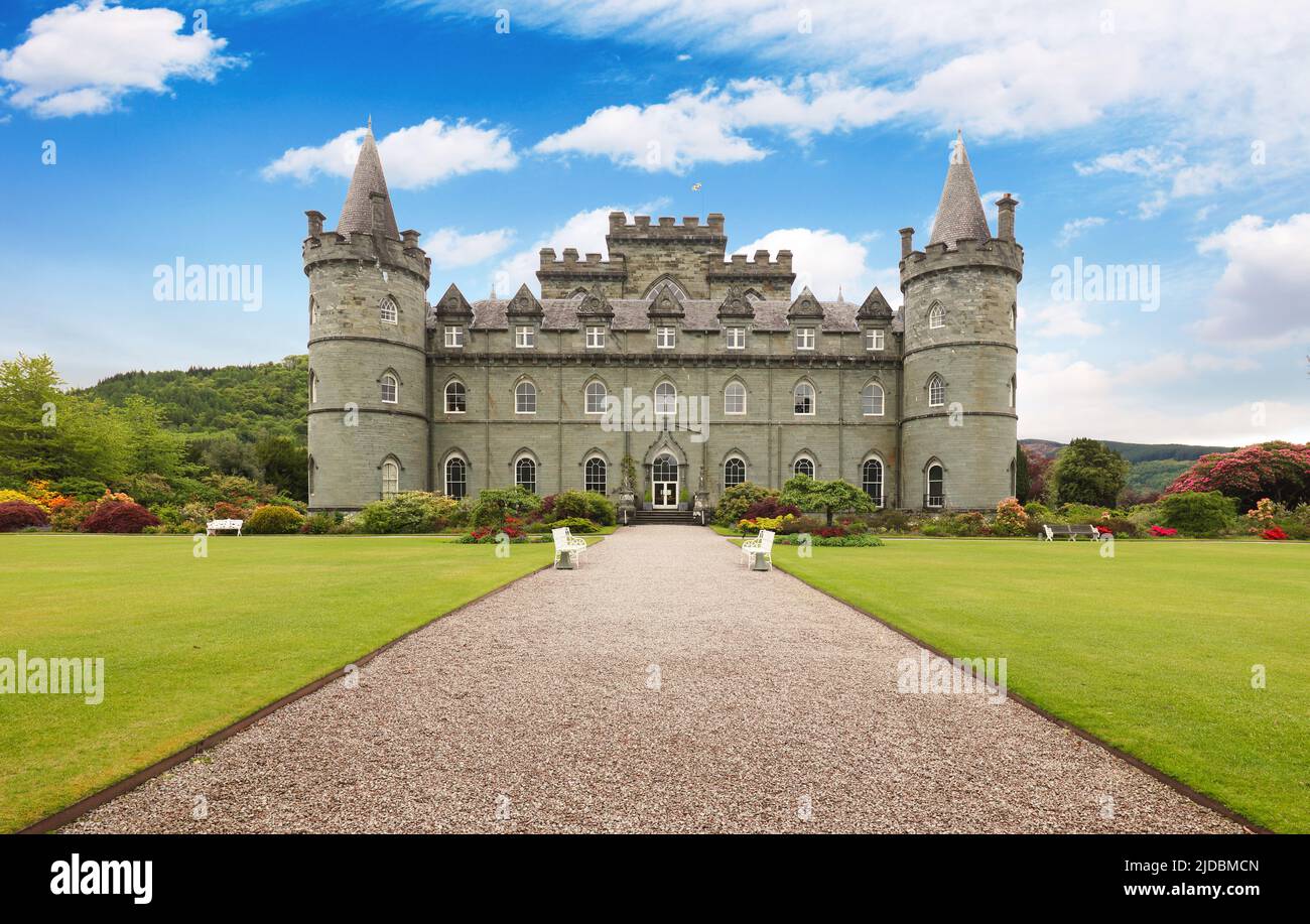 Inveraray castle and garden with blue sky, Inveraray,Scotland Stock Photo
