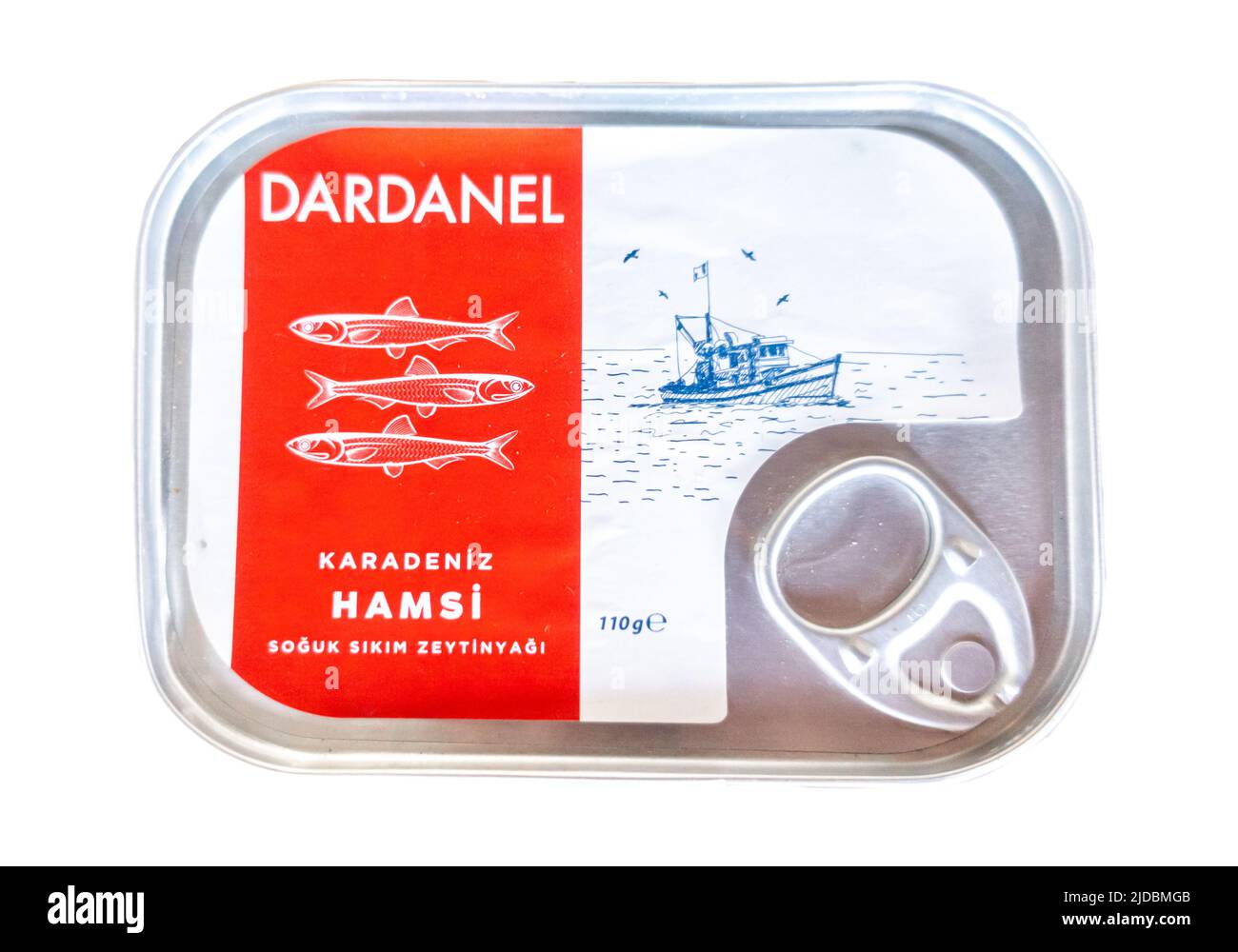 Dardanel Hamsi 110 G - European anchovy conserves, Turkey, tin can isolated Stock Photo