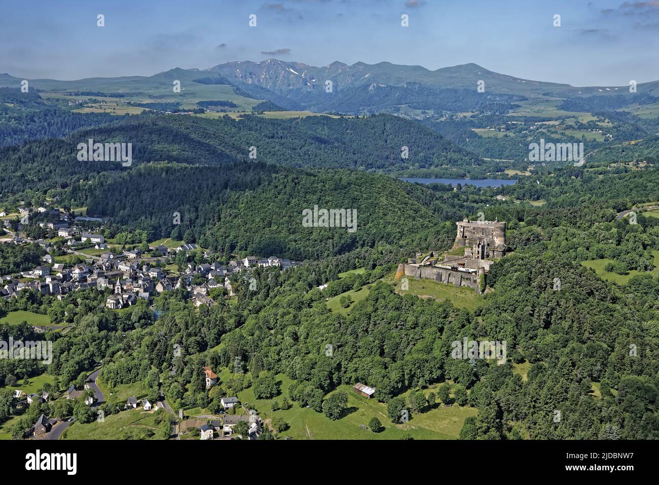 France, Puy-de-Dôme Village of Murol and Lake Chambon, aerial view Stock Photo