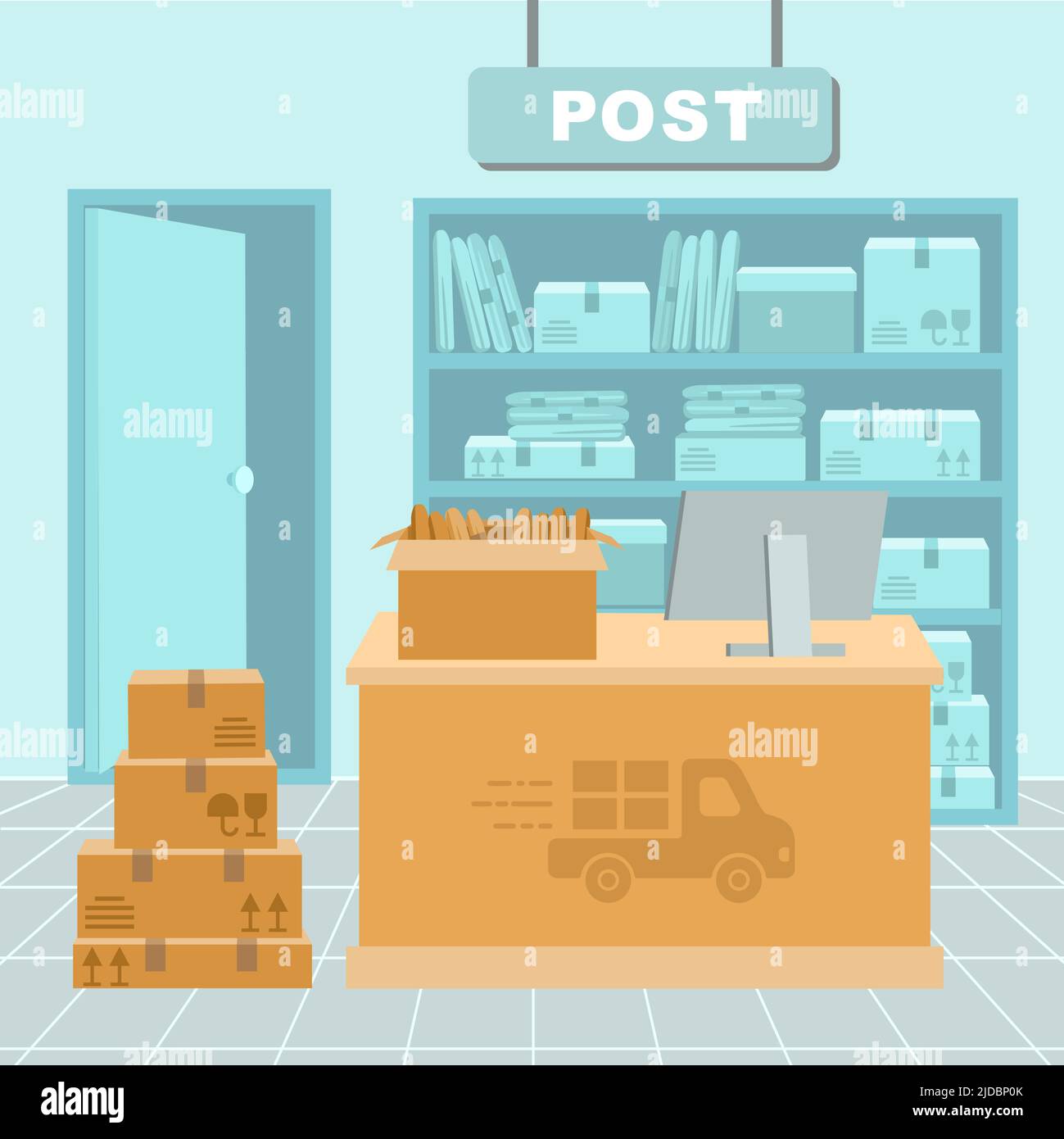 Vector illustration of the interior of the post office or delivery service. ile of stacked cardboard boxe before the reception or delivery desk Stock Vector