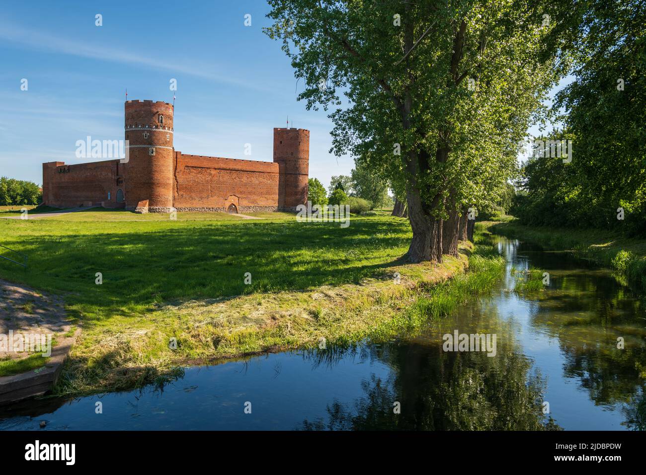 Landscape with medieval Castle of the Masovian Dukes and Lydynia River Valley in Ciechanow, Poland. Stock Photo