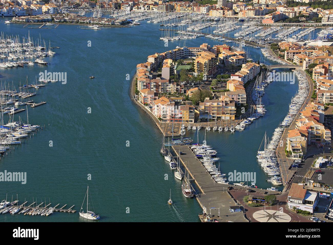 France, Hérault, Cap d'Agde, seaside resort, and large marina in the Mediterranean (aerial photo) Stock Photo