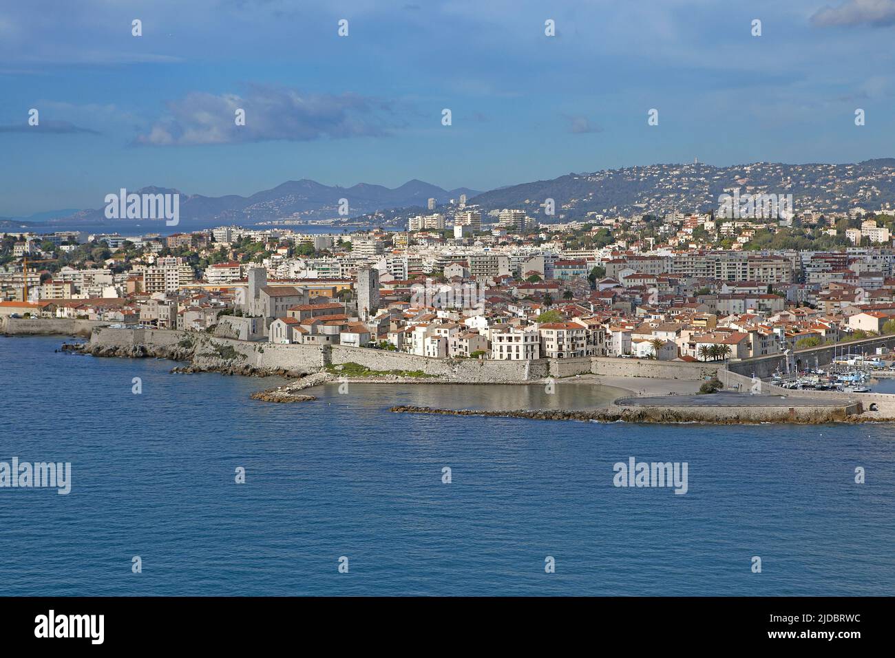 France, Alpes-Maritimes, Antibes, seaside town and fortified town of Antibes, view from the sea (aerial photo) Stock Photo
