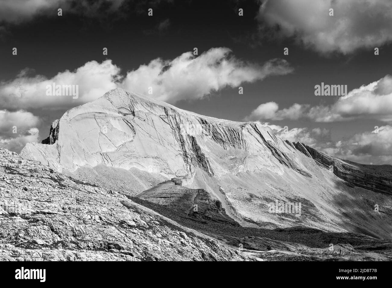 Sasso delle Nove mountain peak. Sasso di Santa Croce group. Fanes-Senes-Braies Natural Park. Italian Alps. Europe. Black white landscape. Stock Photo