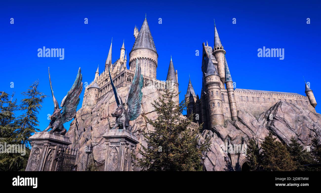 Osaka, Japan - January 07, 2020: View to the Magical World in the Universal Studio Japan Park and the Daytime Stock Photo