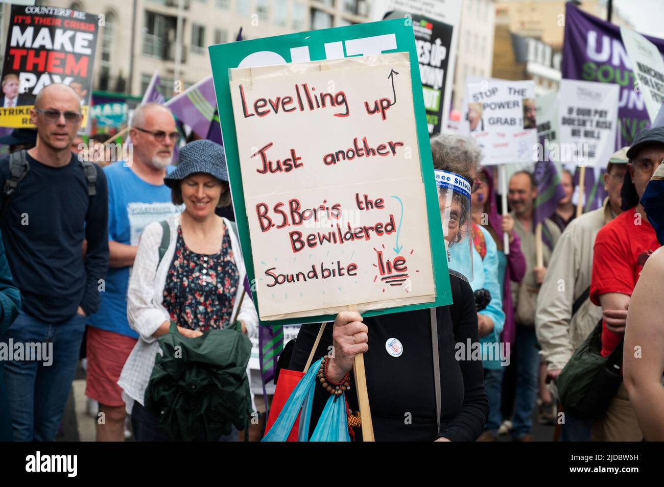 On June 18th 2022 tens of thousands of trade unionists and community activists marched through Central London demanding the government do something ab Stock Photo