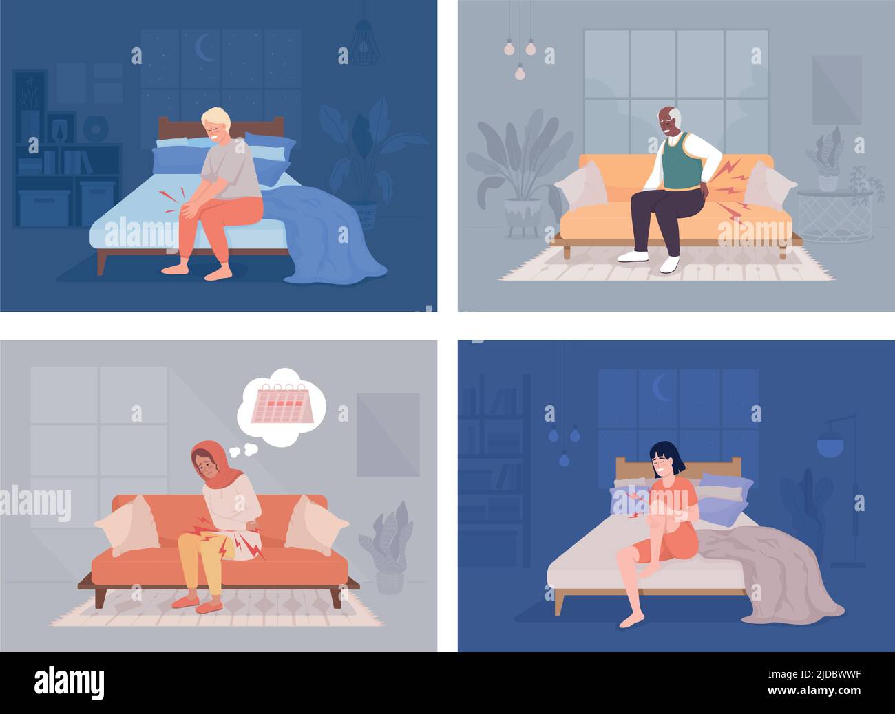 Suffering from persistent pain flat color vector illustration set Stock ...