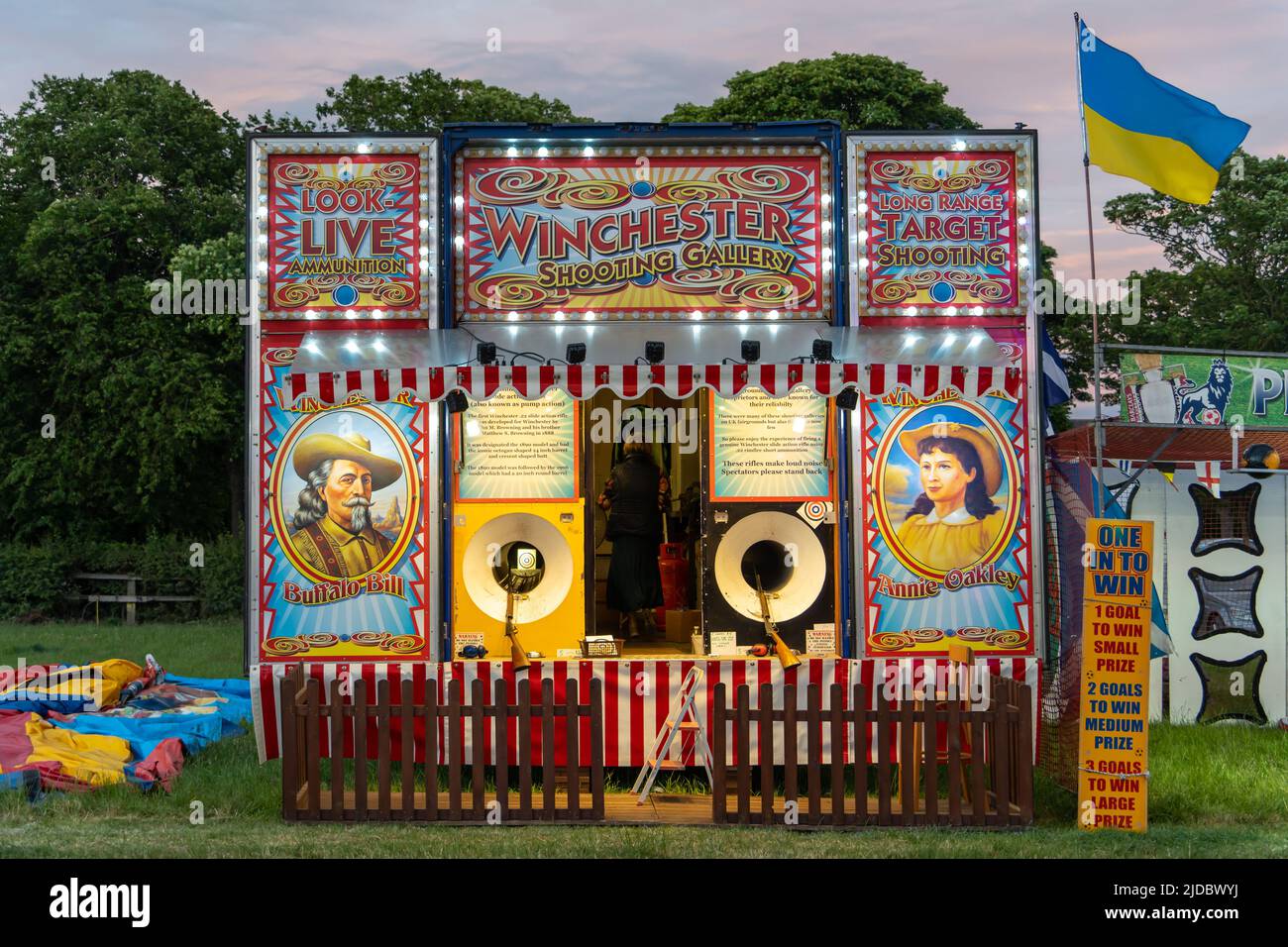 Traditional funfair sideshow attraction, the Winchester Shooting Gallery. The 140th 'Hoppings' on the Town Moor, Newcastle upon Tyne, UK Stock Photo