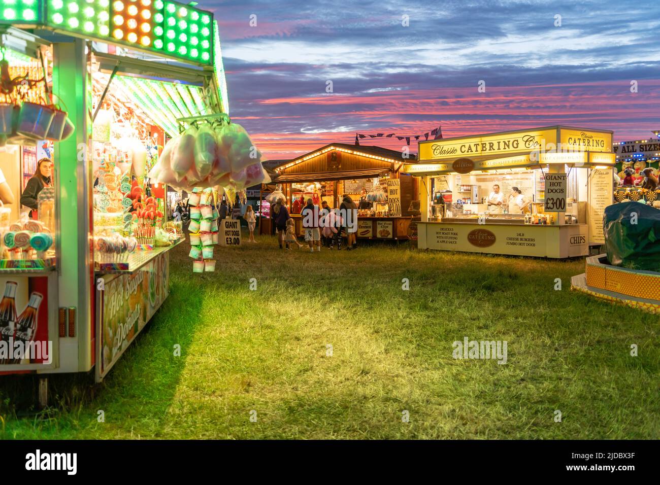 Food vans at the funfair. The 140th 'Hoppings' on the Town Moor, Newcastle upon Tyne, UK. Stock Photo