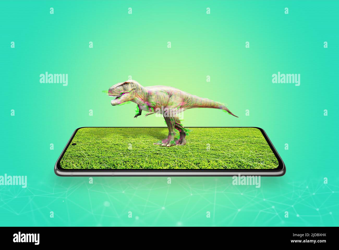 3d projection of a dinosaur from a mobile phone display concept. Augmented reality in education Stock Photo