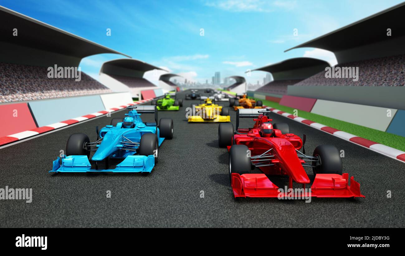 Brandless racing cars on the race track. 3D illustration Stock Photo ...