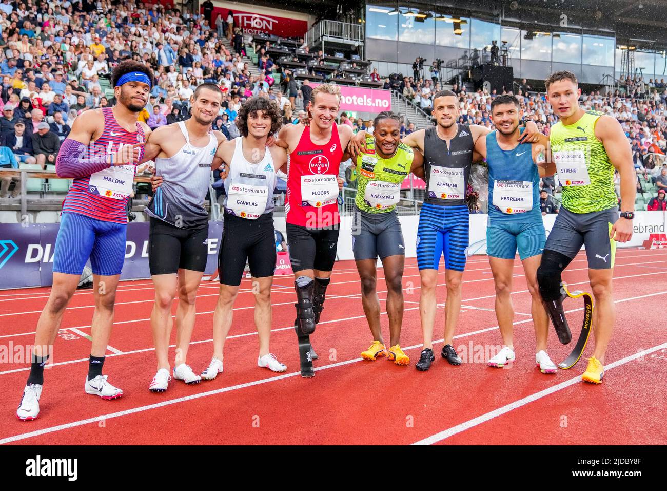 Oslo 20220616.Noah Malone (from left), guide runner Sotiris Garaganis, Athanasios Gavelas, Johannes Floors, Salum Ageze Kashafali, Skander Djamil Athmani, Petrucio Ferreira and Felix Streng compete in the 100m race to zero during the Diamond League Bislett Games 2022. Photo: Beate Oma Dahle / NTB Stock Photo