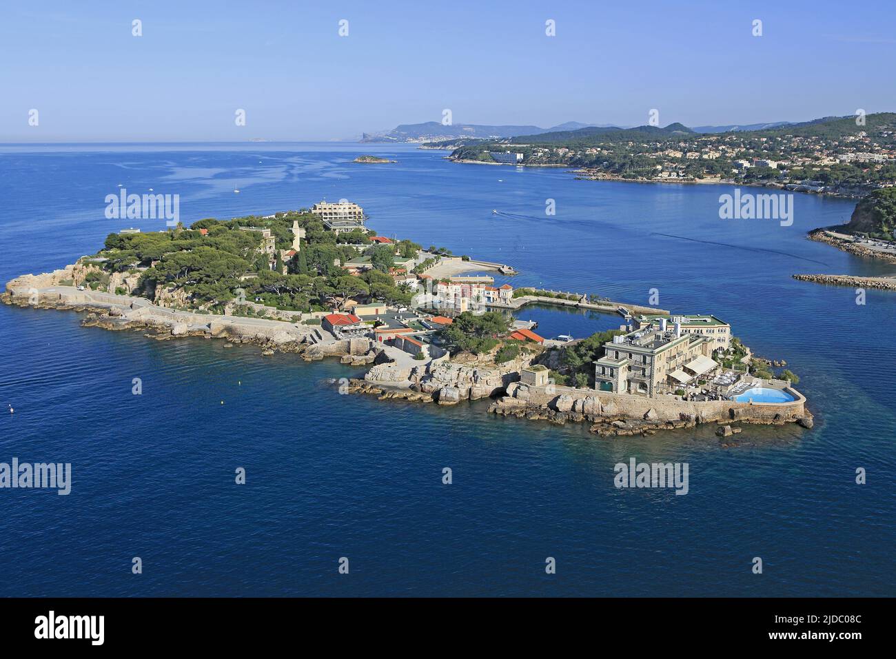 France, Var, Bendor Island is an island located on the Var coast town of Bandol (aerial photo) Stock Photo