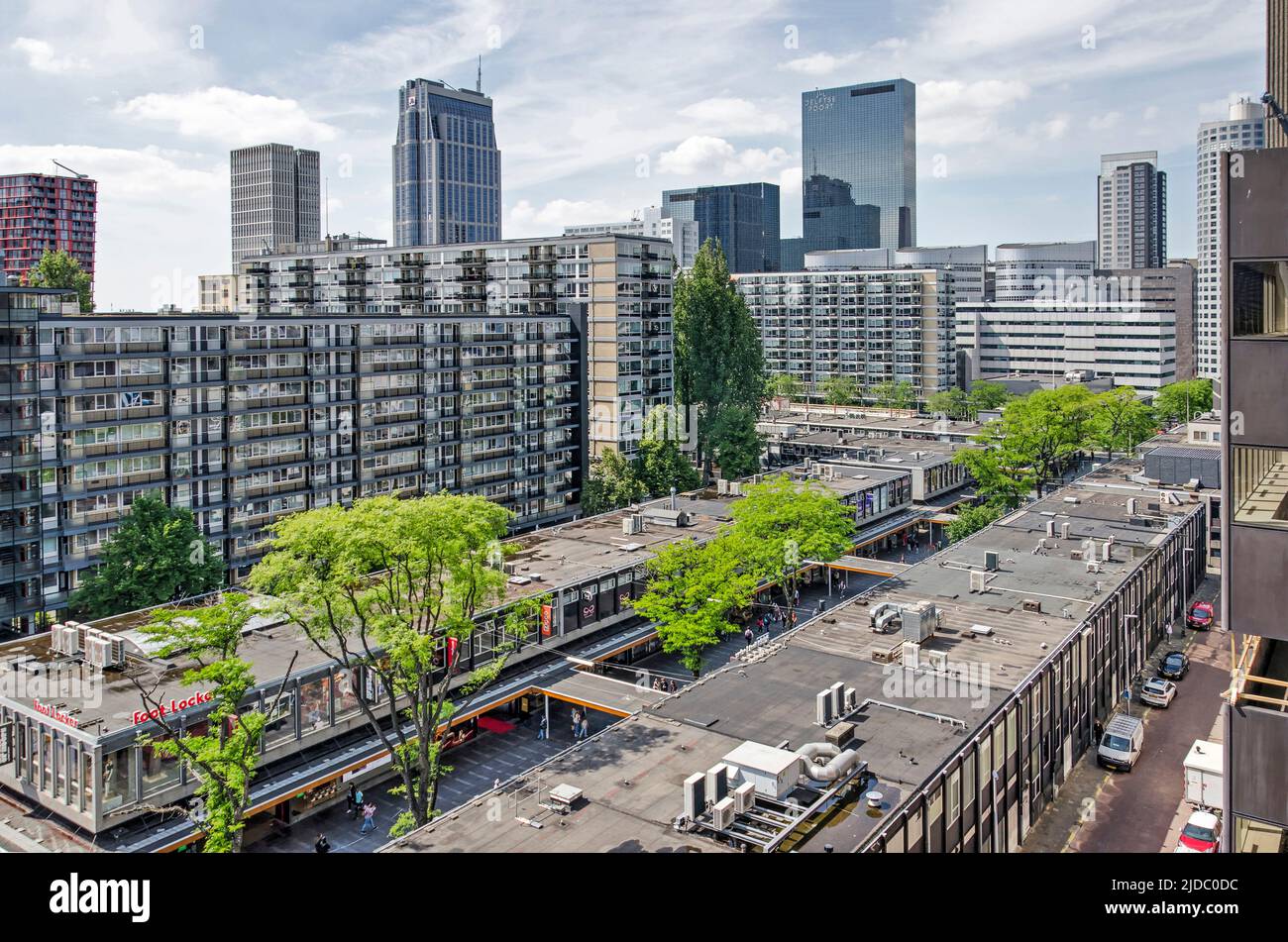 Rotterdam, The Netherlands, June 2, 2022: aerial view of the city center with the Lijnbaan pedestrian shopping street Stock Photo
