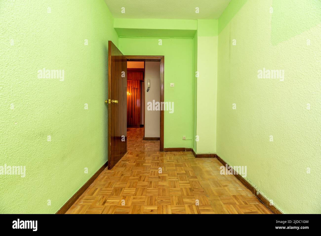 Empty room with light green painted walls, oak parquet flooring and reddish woodwork Stock Photo