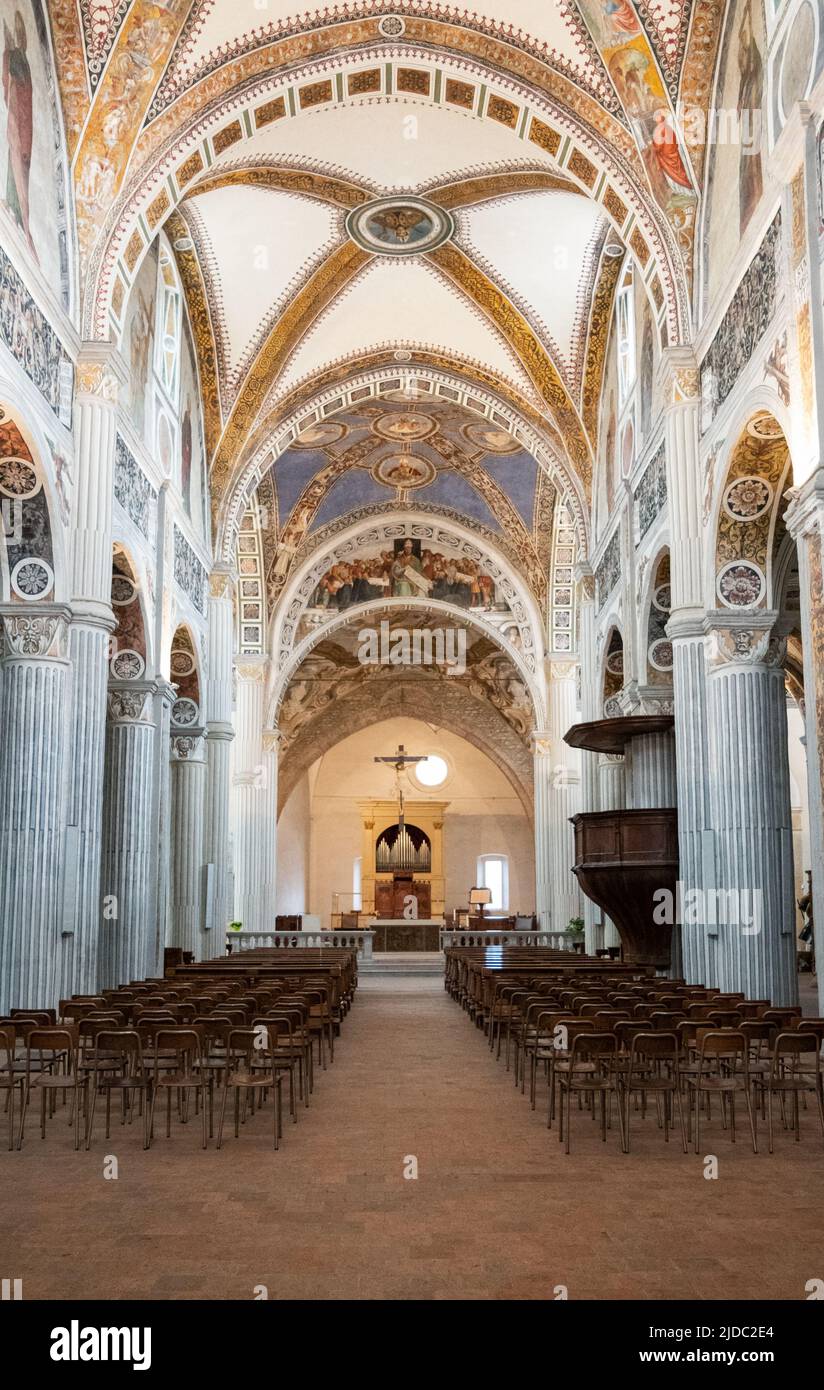 Bobbio, Italy - May 24, 2018:  The nave of the Abbey of San Colombano Stock Photo