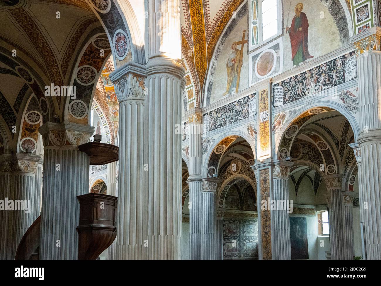 Bobbio, Italy - May 24, 2018:  The nave of the Abbey of San Colombano Stock Photo