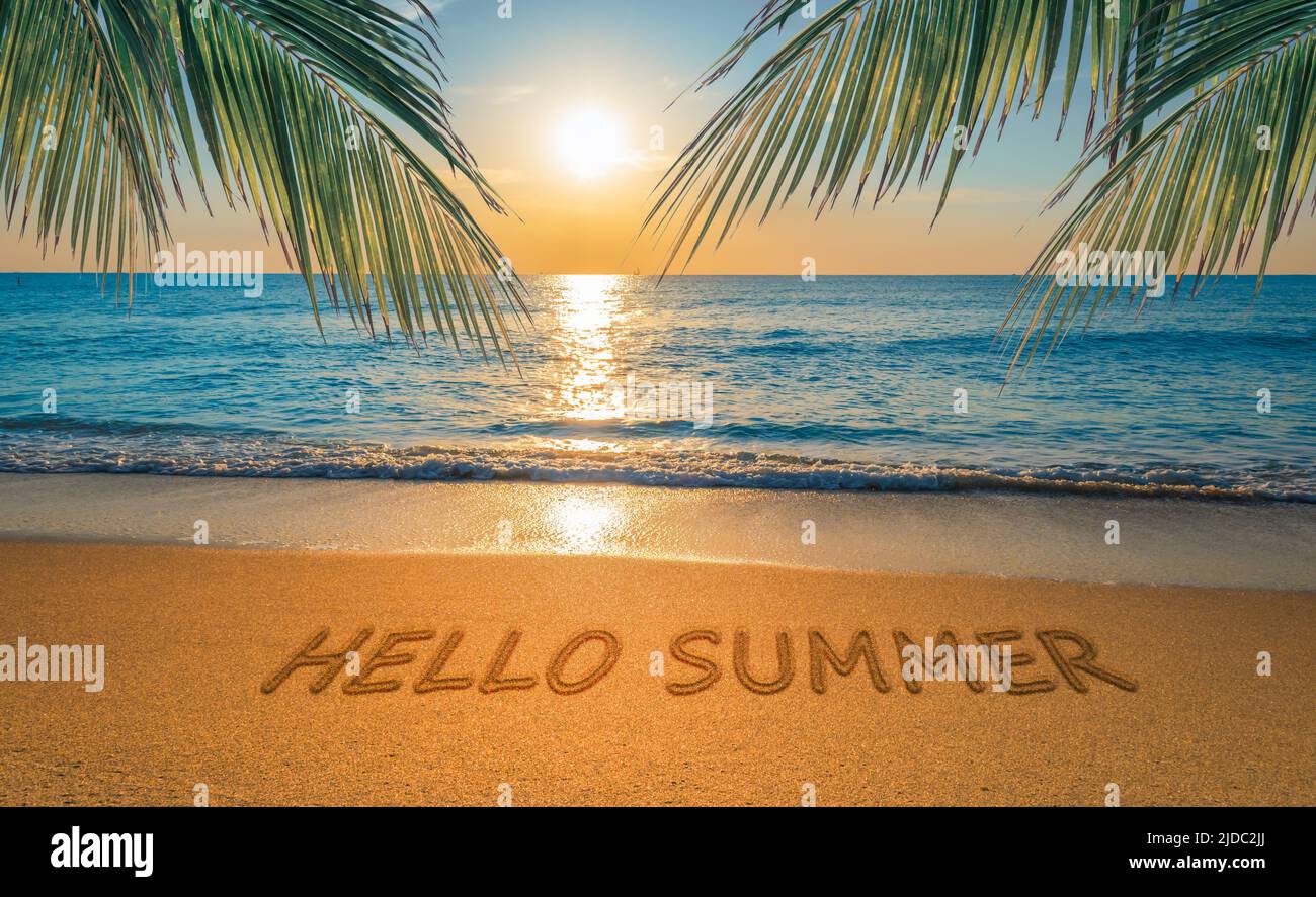 Hello Summer tropical beach travel concept. Stock Photo