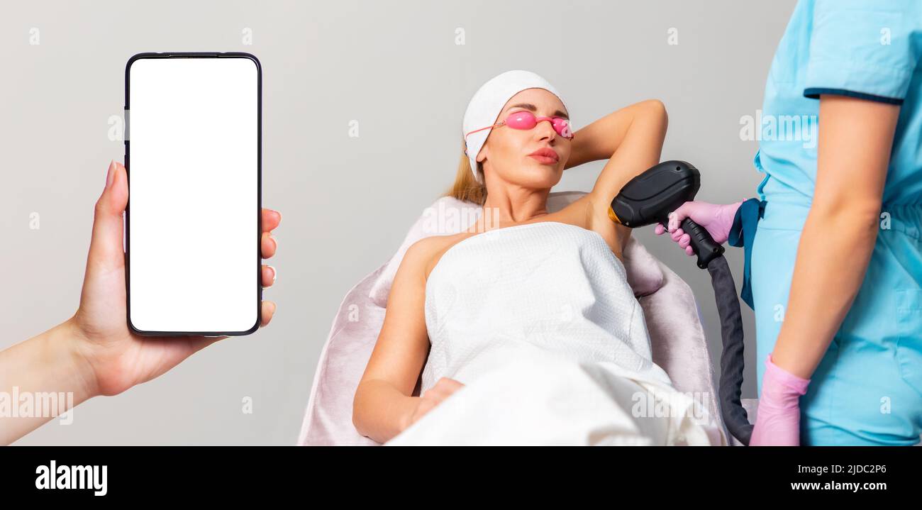 Banner of laser hair removal. Woman in eyeglasses at depilation