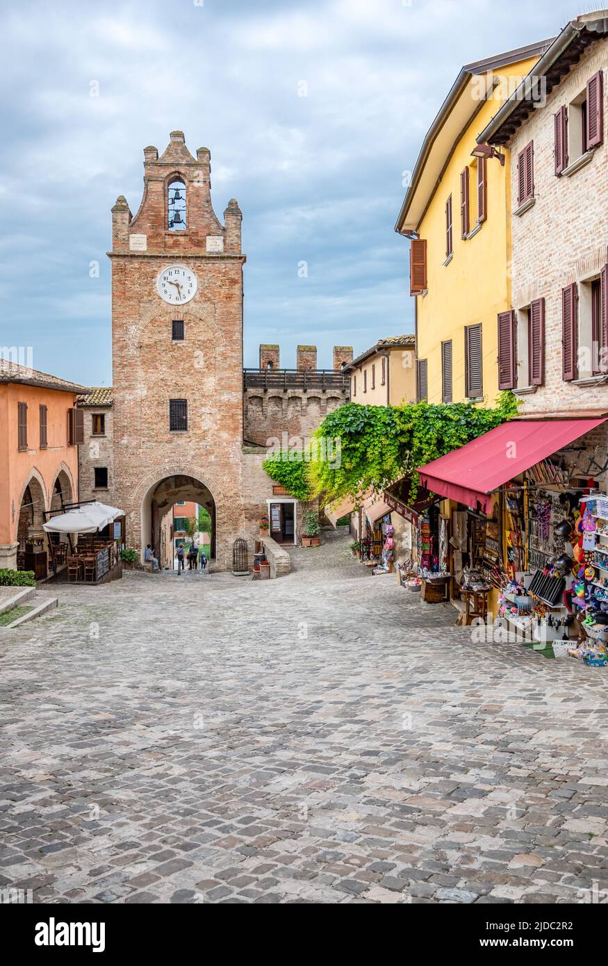 Gradara, Italy - May 29, 2018: View of the main square with the clock tower Stock Photo