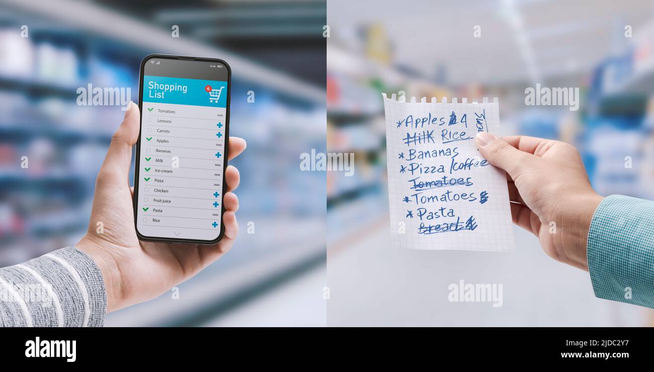Traditional handwritten shopping list and digital grocery list on a