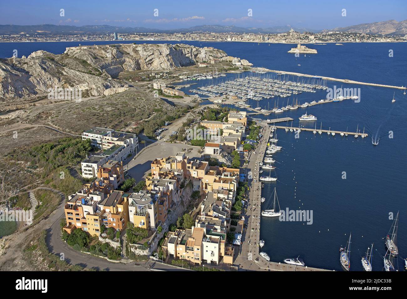 France, Bouches-du-Rhône Marseille, Frioul islands, port of the Isle of Ratonneau, and the castle of Ifs (aerial view) Stock Photo