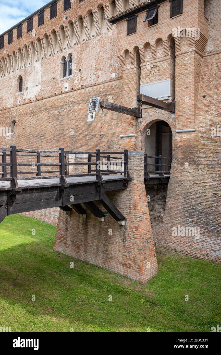 Gradara, Italy - May 29, 2018: The main entrance with the drawbridge of the Malatesta Fortress Stock Photo