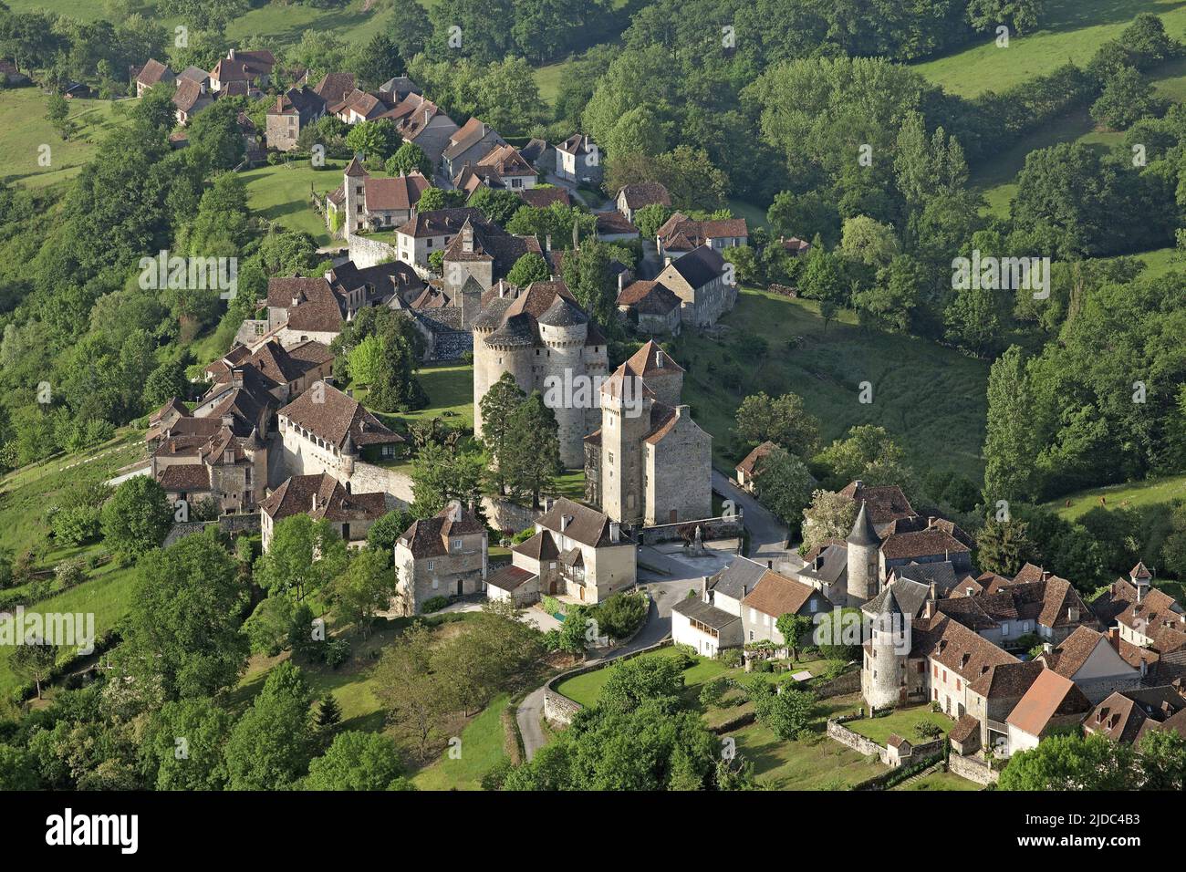 France, Corrèze Curemonte, classified village, the most beautiful villages in France, (aerial photo) Stock Photo