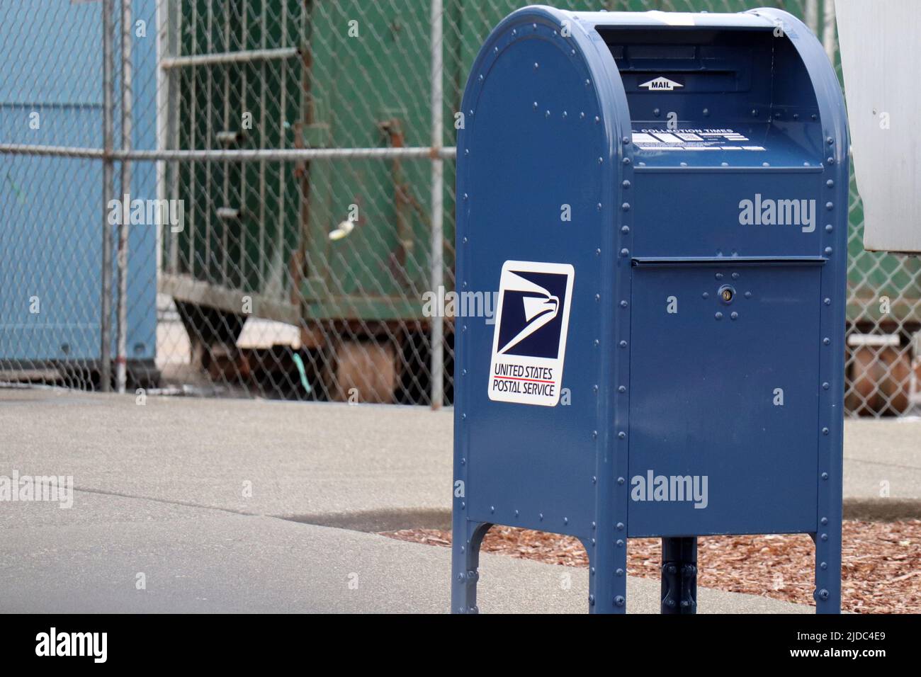 A United States Postal Service mail collection box pictured in