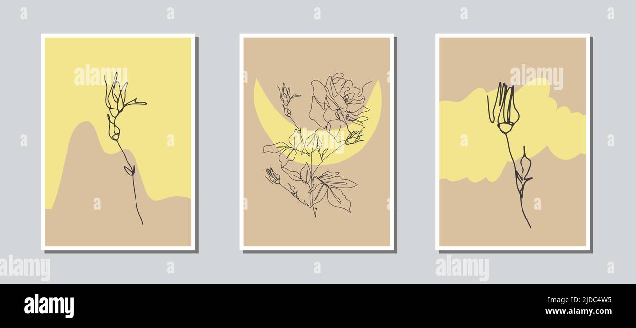 Set of 3 one single line drawing rose flower on earthy background card ...