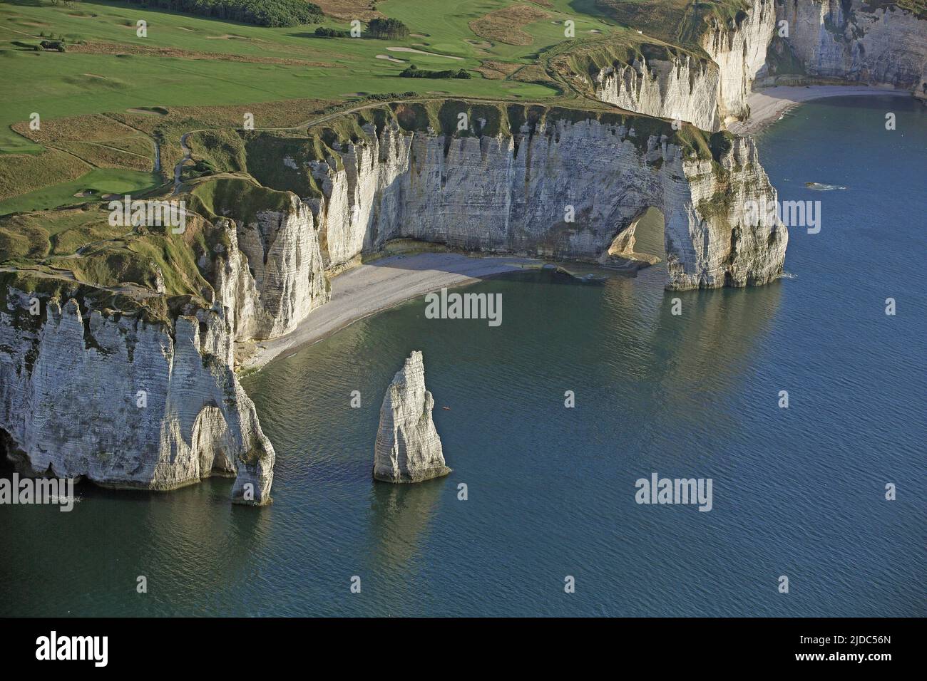 France, Seine-Maritime, Etretat, limestone cliffs have made it a place of international tourism (aerial view), Stock Photo