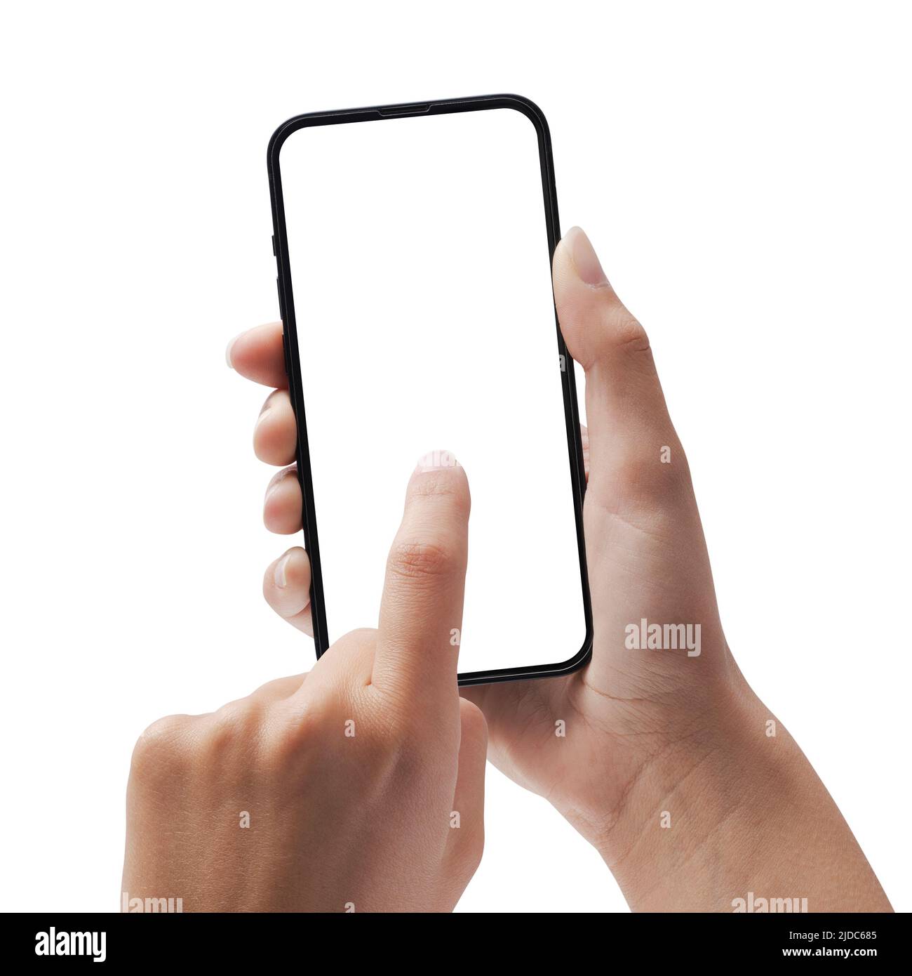Woman holding a smartphone and tapping on the blank screen,on white background Stock Photo